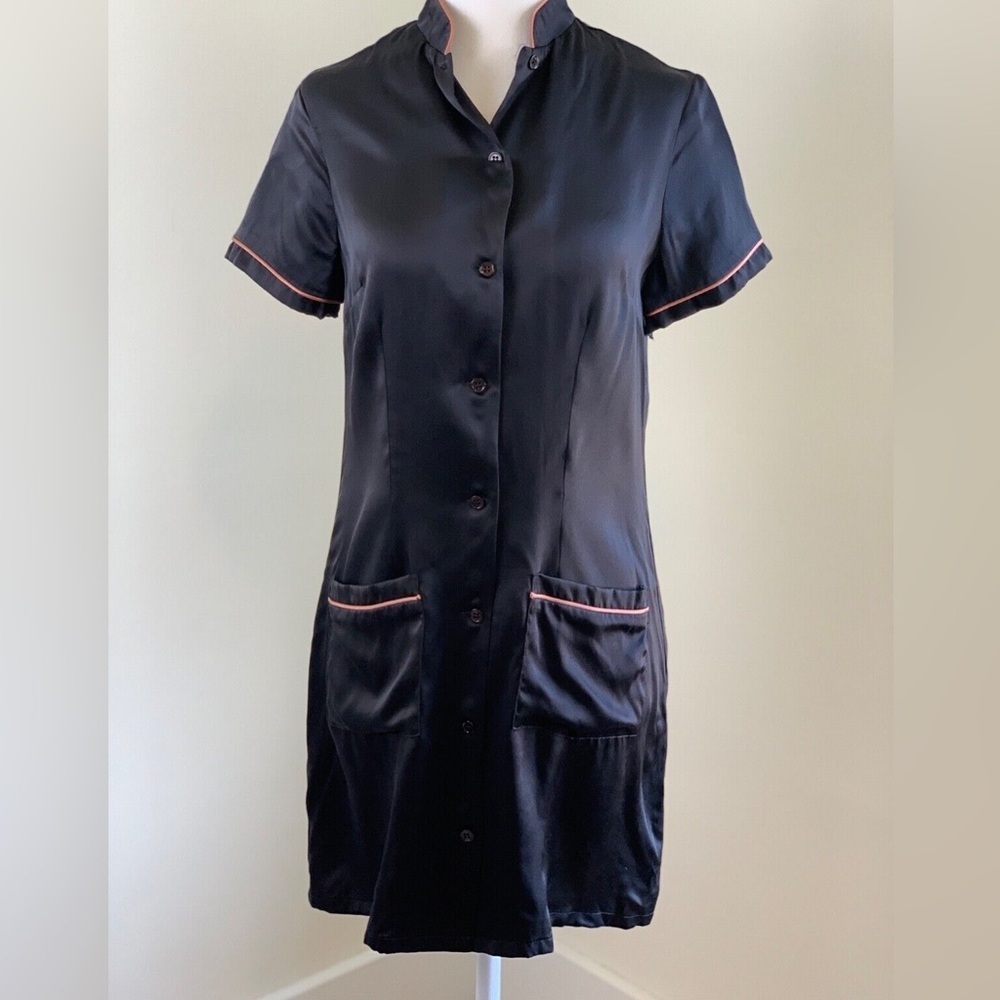 Reformation Black Satin Dress Pajama Top Mini Pockets Short Sleeve Size 0 XS